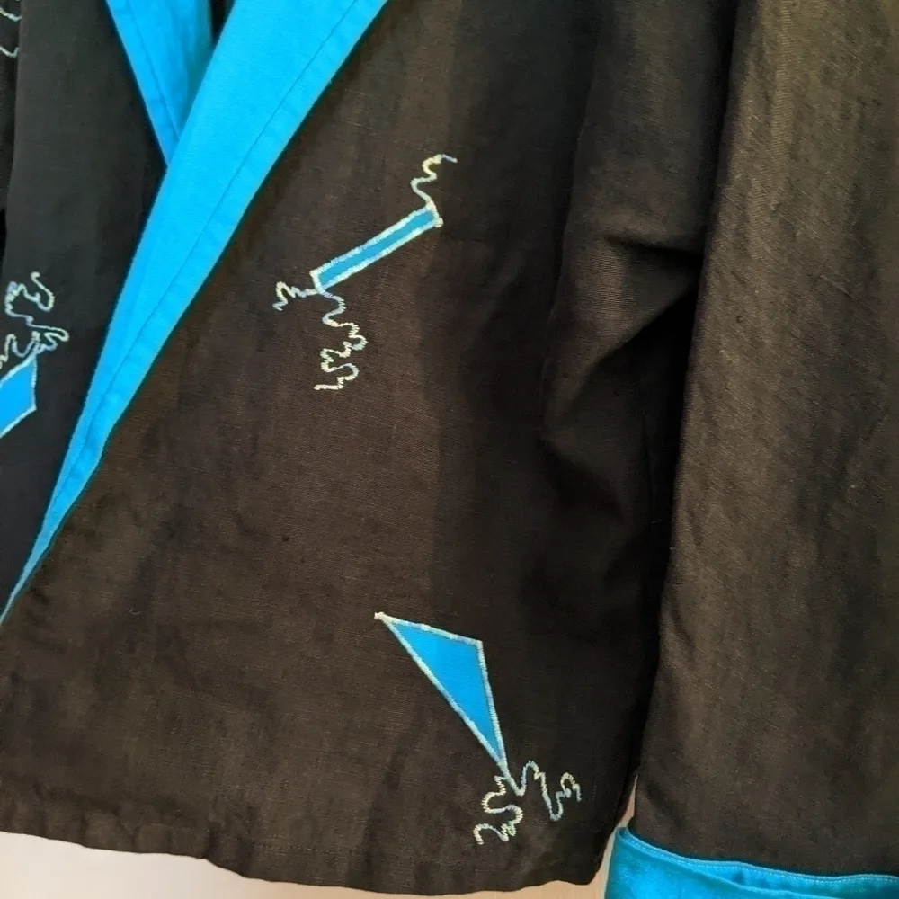 Vintage 80s/90s Embroidered Jacket Black and Turquoise Large